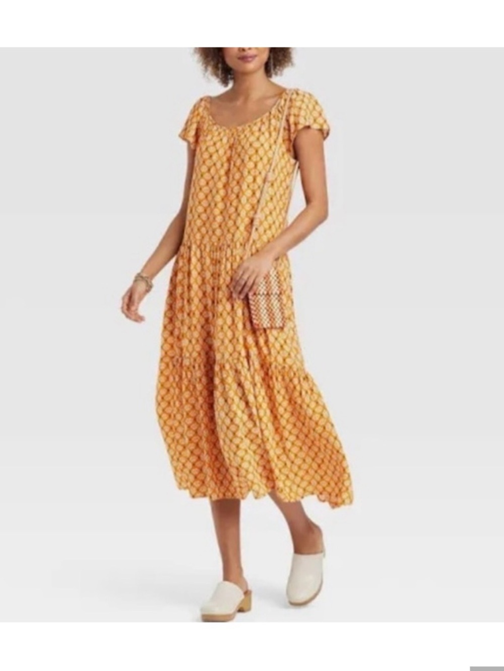Knox Rose yellow Printed Tiered Midi Dress w/Pockets - XL